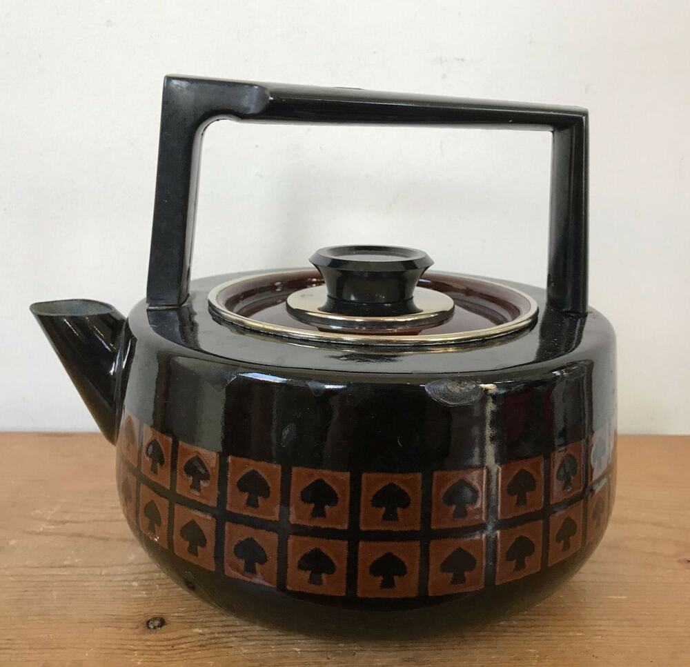 Vintage 60s 70s Mid Century Japanese Mushroom Spade Enamel Black Tea Pot Kettle